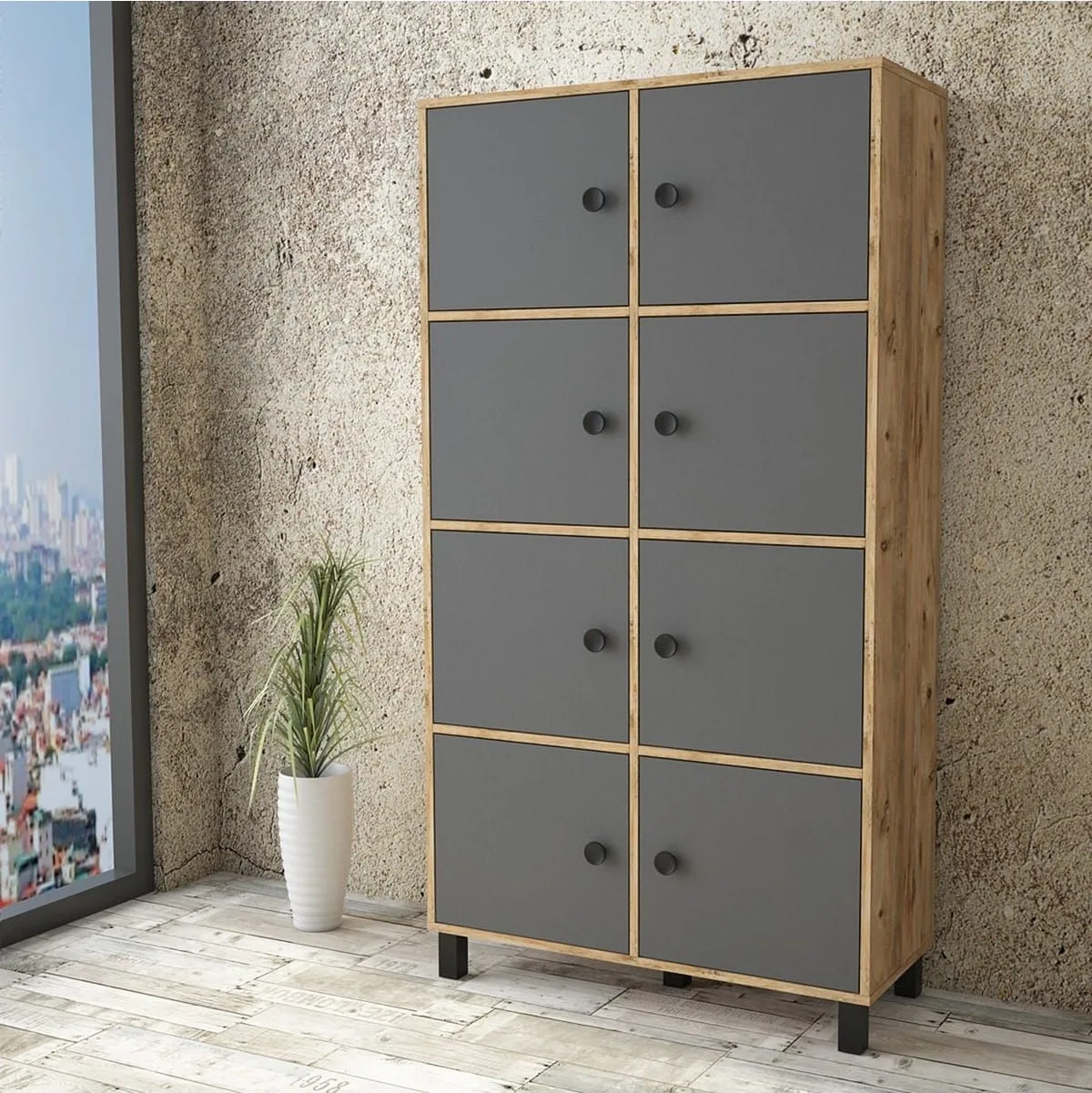 Farlin Armoire multi-usages Pieds Bois, 8 Portes, Pin-Anthracite-Noir FAR59-228