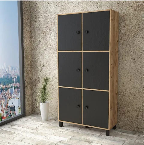 Farlin Armoire multi-usages Pieds Bois, 6 Portes, Pin-Noir FAR61-238