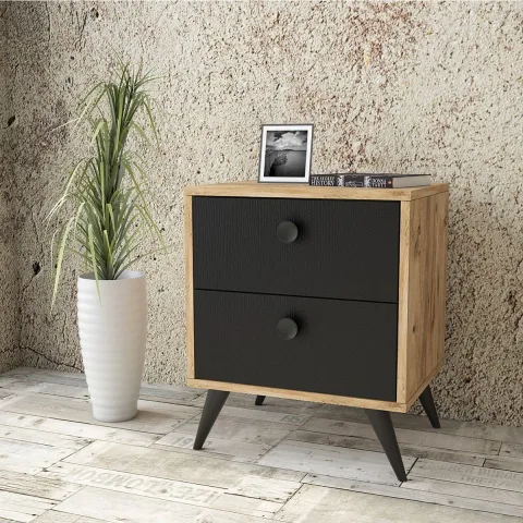 Farlin Table de chevet Pieds Bois, 2 Tiroirs, Pin-Noir FAR67-232