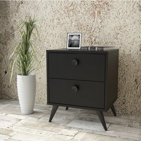 Farlin Table de chevet Pieds Bois, 2 Tiroirs, Noir FAR67-332