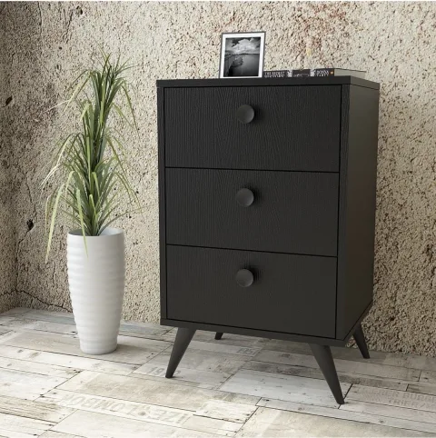 Farlin Table de chevet Pieds Bois, 3 Tiroirs, Noir FAR68-332