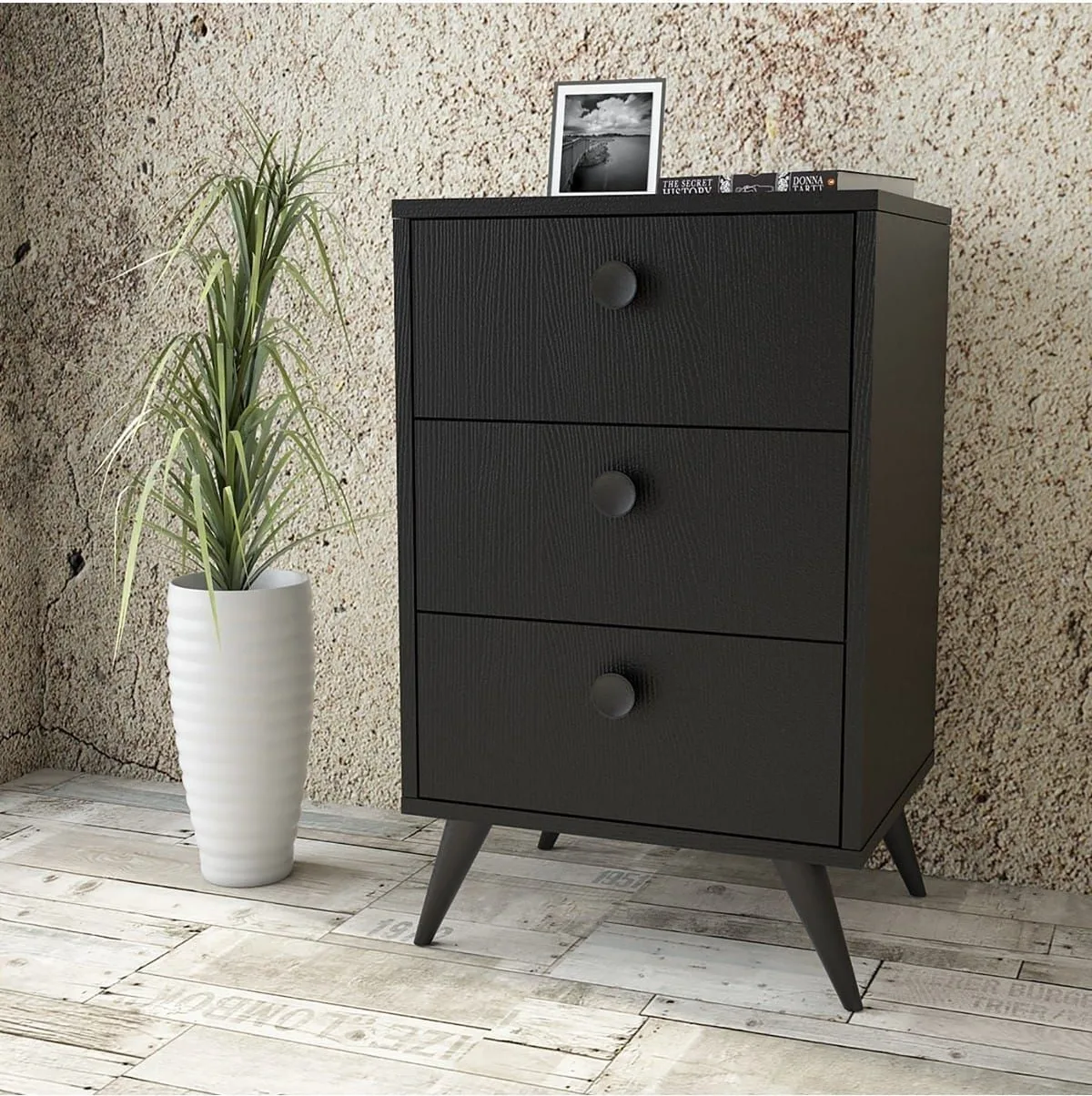 Farlin Table de chevet Pieds Bois, 3 Tiroirs, Noir FAR68-332