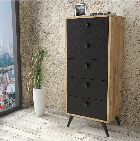 Farlin Table de chevet Pieds Bois, 5 Tiroirs, Pin-Noir FAR70-232