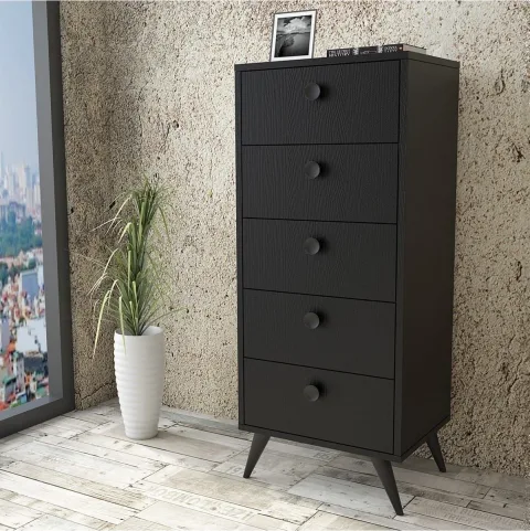 Farlin Table de chevet Pieds Bois, 5 Tiroirs, Noir FAR70-332
