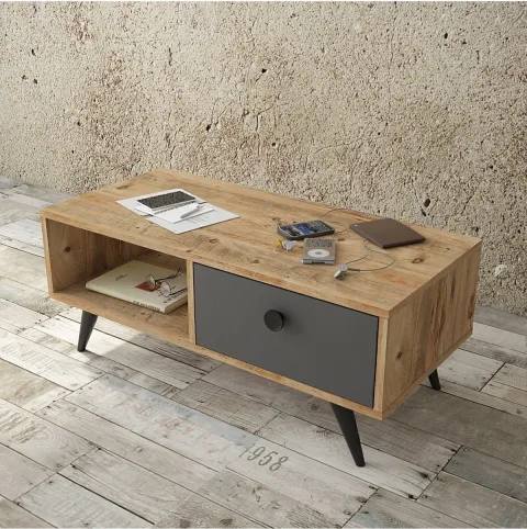 Table basse Farlin avec pieds en bois, avec tiroirs, Pin-Anthracite-Noir FAR7-222