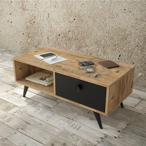 Table basse Farlin avec pieds en bois, avec tiroirs, Pin-Noir FAR7-232