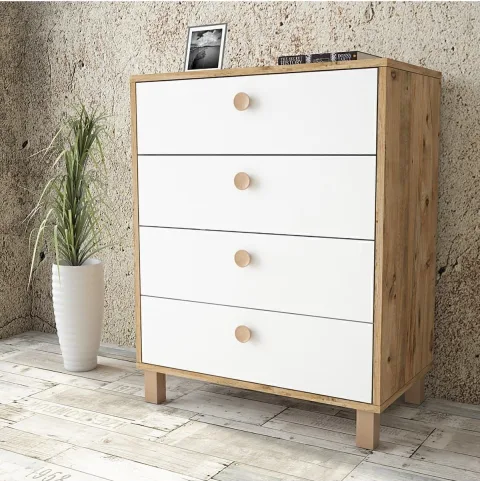 Commode Farlin avec pieds en bois, 4 tiroirs, Pin-Blanc-Hêtre FAR80-217