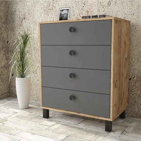 Commode Farlin avec pieds en bois, 4 tiroirs, Pin-Anthracite-Noir FAR80-228