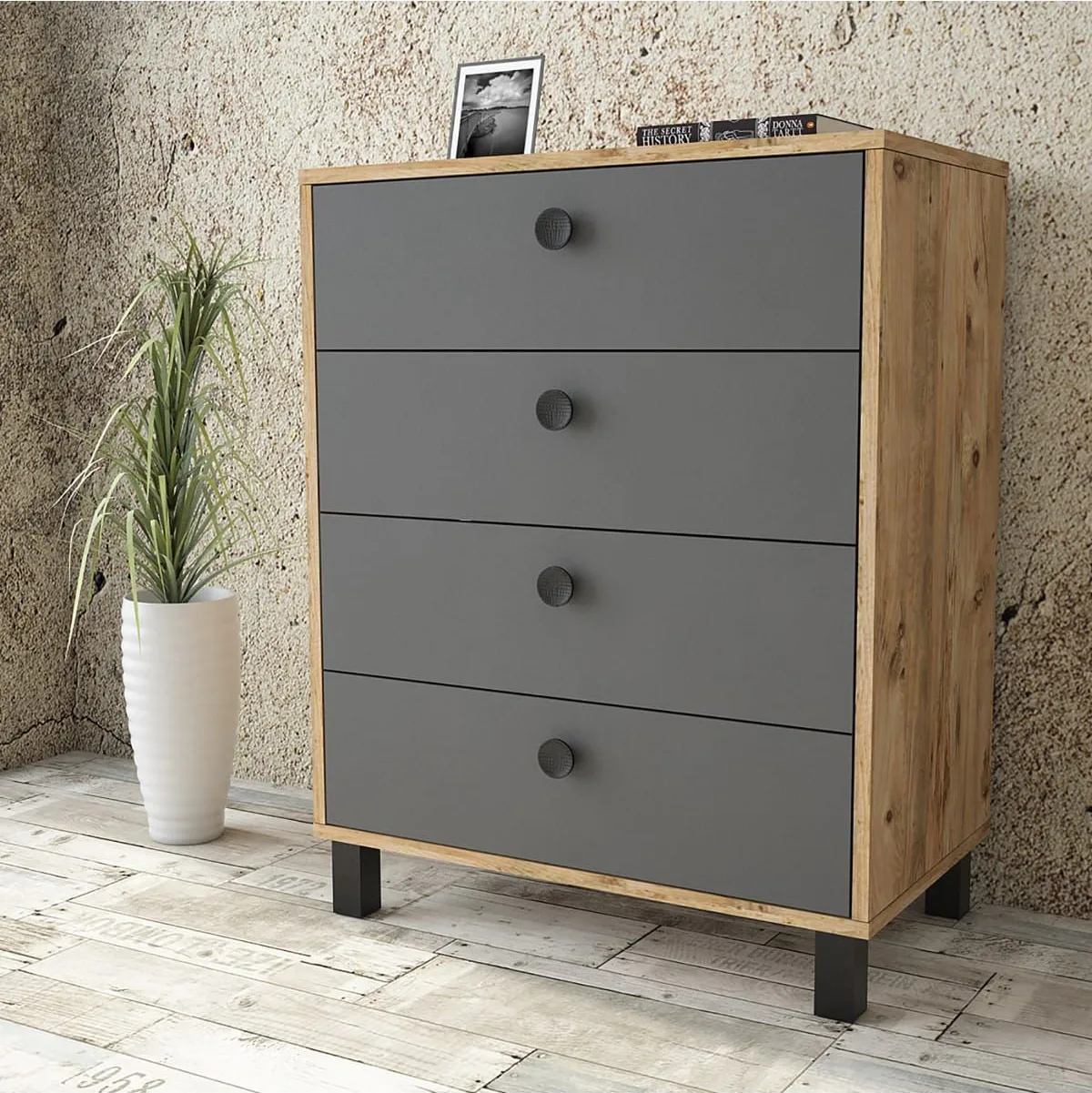 Commode Farlin avec pieds en bois, 4 tiroirs, Pin-Anthracite-Noir FAR80-228