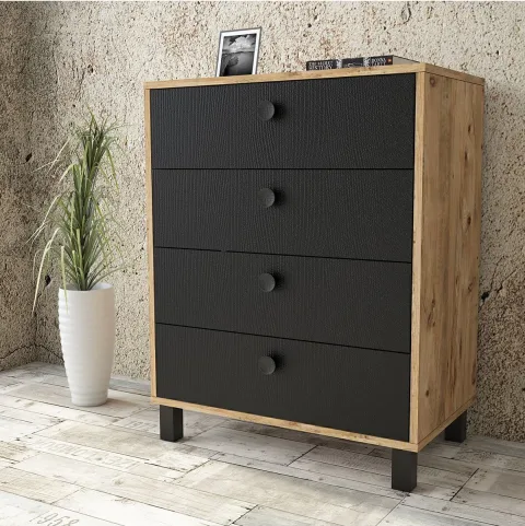 Commode Farlin avec pieds en bois, 4 tiroirs, Pin-Noir FAR80-238