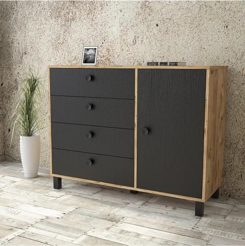 Commode Farlin avec pieds en bois, 4 tiroirs, avec portes, Pin-Noir FAR81-238