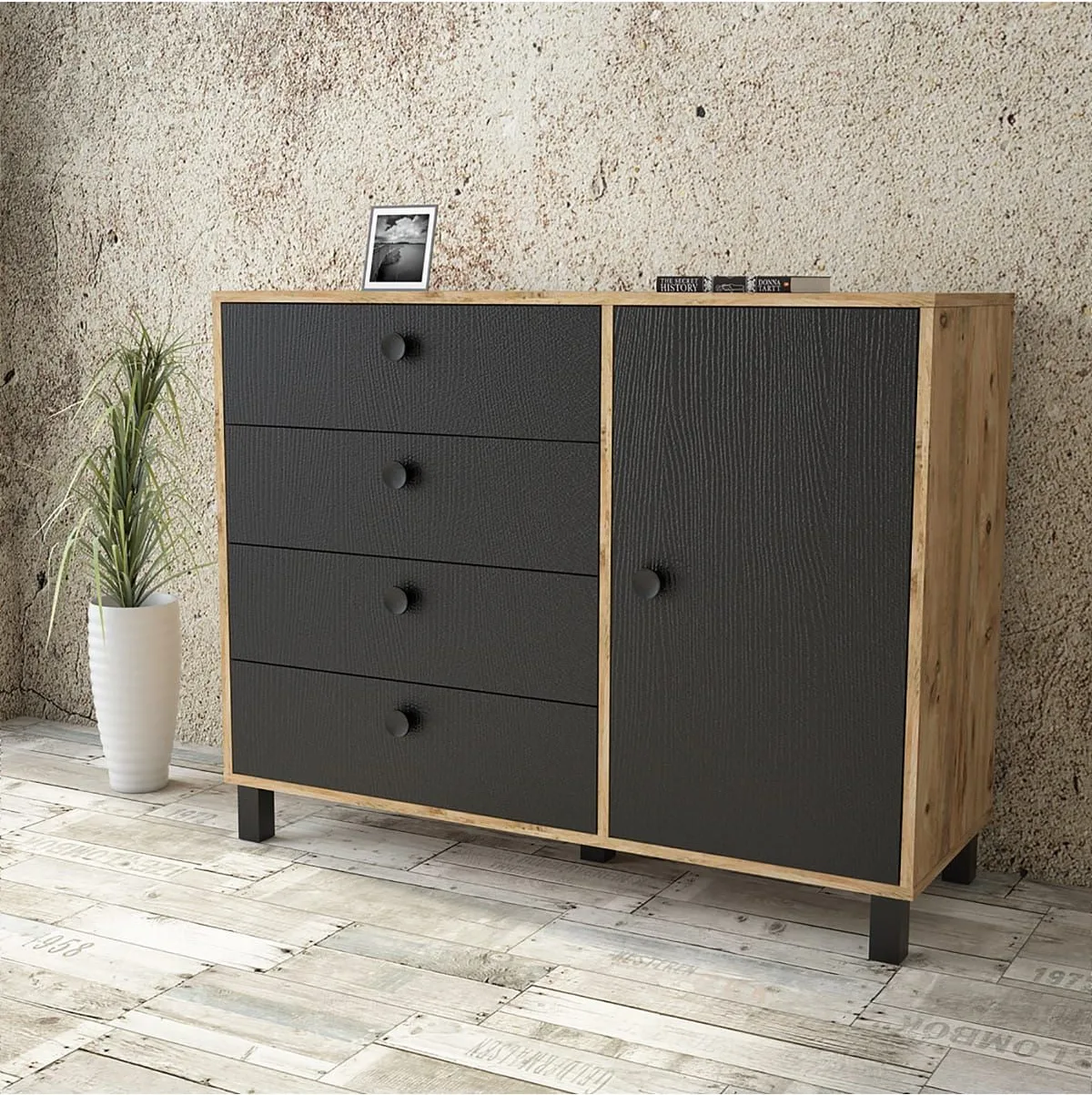 Commode Farlin avec pieds en bois, 4 tiroirs, avec portes, Pin-Noir FAR81-238