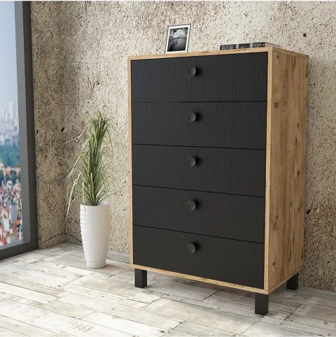 Commode Farlin avec pieds en bois, 5 tiroirs, Pin-Noir FAR82-238