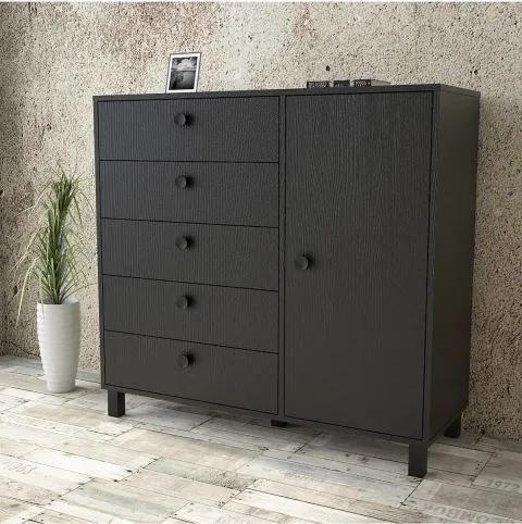 Commode Farlin avec pieds en bois, 5 tiroirs, avec portes, Noir FAR83-338
