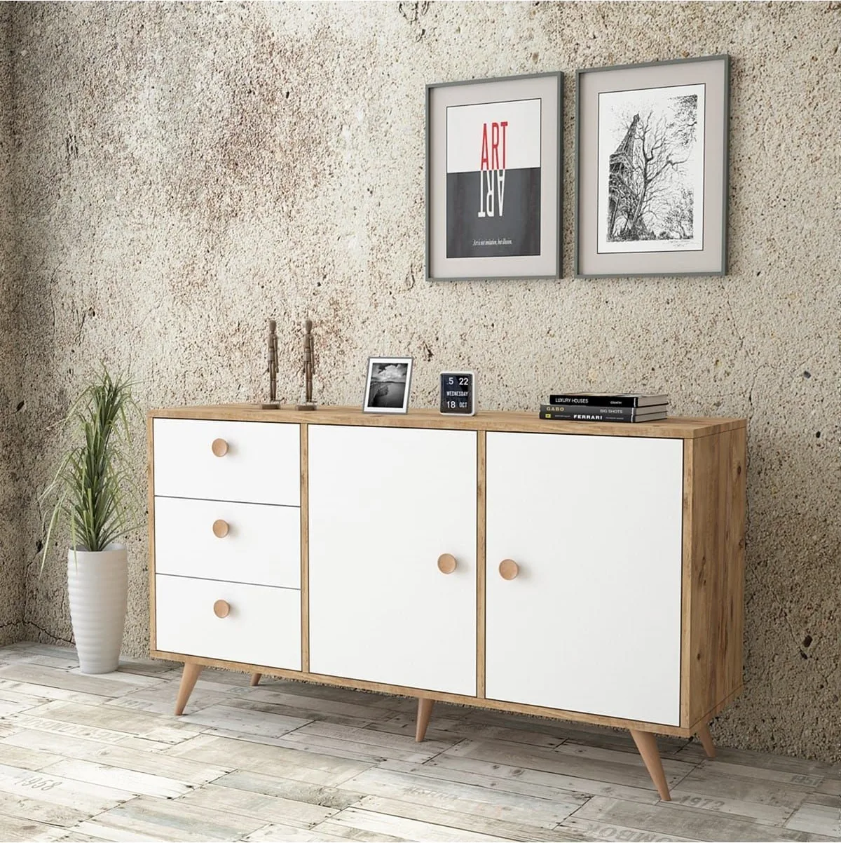 Console Farlin avec pieds en bois, 3 tiroirs, 2 portes, Pin-Blanc-Hêtre FAR9-211