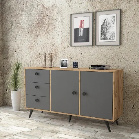 Console Farlin avec pieds en bois, 3 tiroirs, 2 portes, Pin-Anthracite-Noir FAR9-222