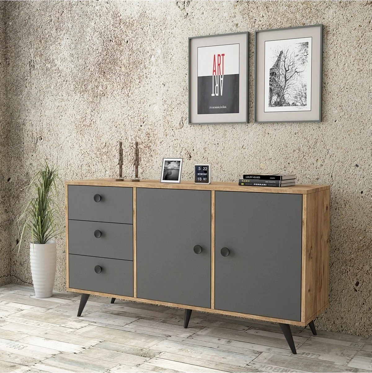 Console Farlin avec pieds en bois, 3 tiroirs, 2 portes, Pin-Anthracite-Noir FAR9-222