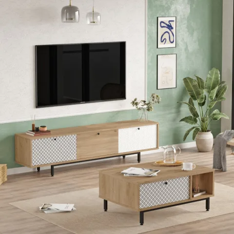 Ensemble 2 pièces Mesinya Meuble TV et Table basse avec pieds en métal, impression UV Sepet-Blanc MES6-SWU