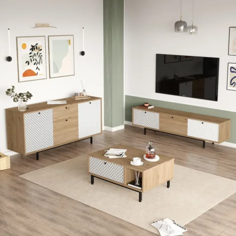 Ensemble 3 pièces Mesinya Meuble TV, Table basse et Console avec pieds en métal, impression UV Sepet-Blanc MES7-SWU