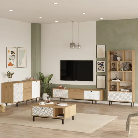 Ensemble 4 pièces Mesinya Meuble TV, Table basse, Console et Bibliothèque avec pieds en métal, impression UV Sepet-Blanc MES8-SWU