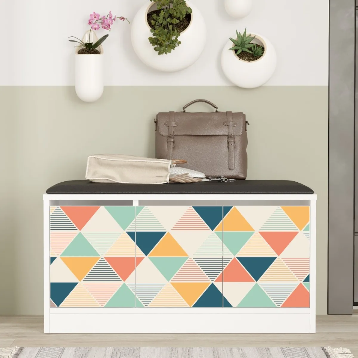 Meuble à chaussures Elna avec pouf, 3 portes, 90cm Blanc impression UV ELN2-WU