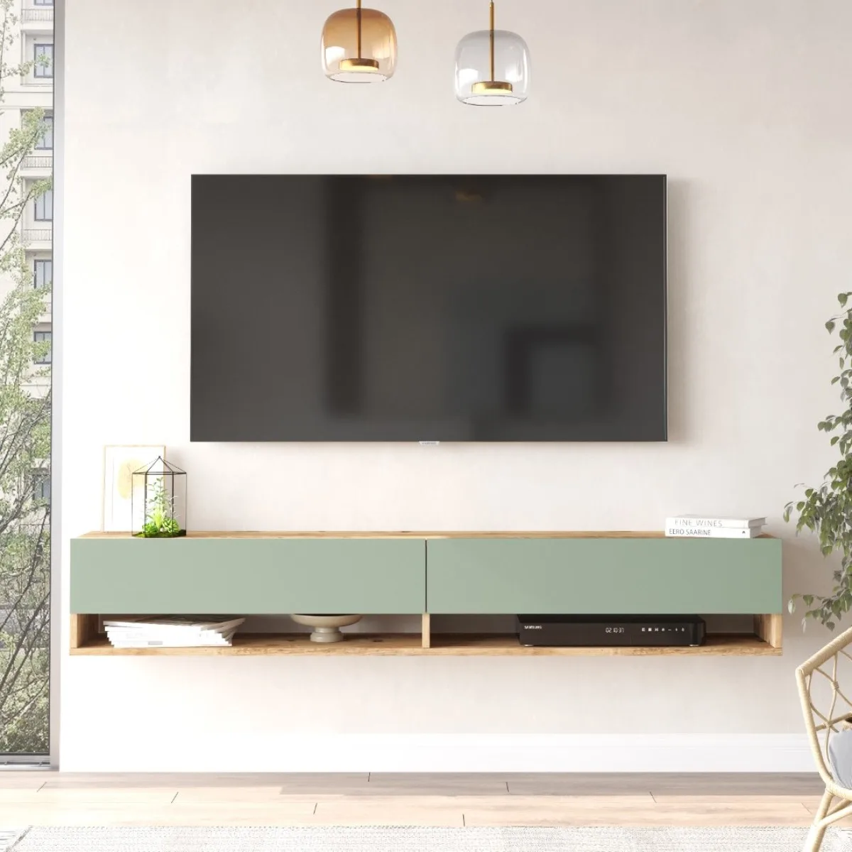 Meuble TV Aven 180cm AVE9-AY Pin-Vert Tilleul
