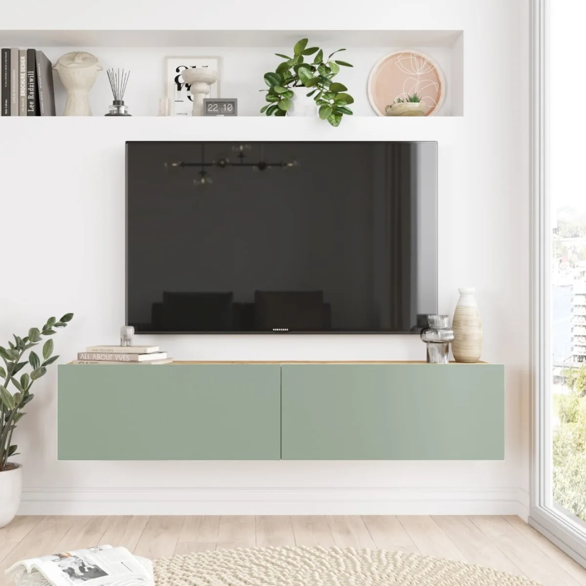 Meuble TV Aven 140cm AVE10-AY Pin-Vert Tilleul