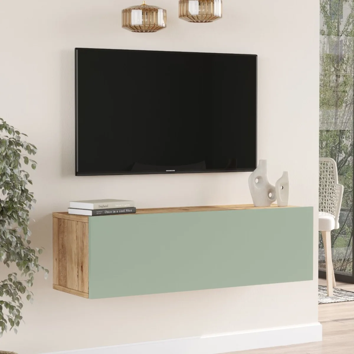 Meuble TV Aven 100cm AVE12-AY Pin-Vert Tilleul