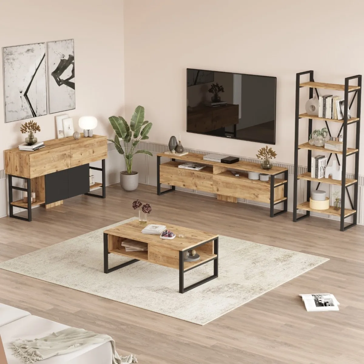 Ensemble 4 pièces EL38 Elanor Meuble TV, Table basse, Console et Bibliothèque en métal Pin ELA38-A