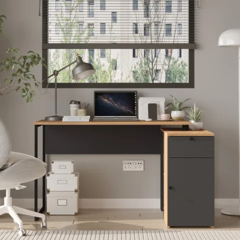 Yurupa Nora L Bureau d'angle pour ordinateur avec tiroirs, armoire et bibliothèque Sepet-Anthracite NOR1-SA