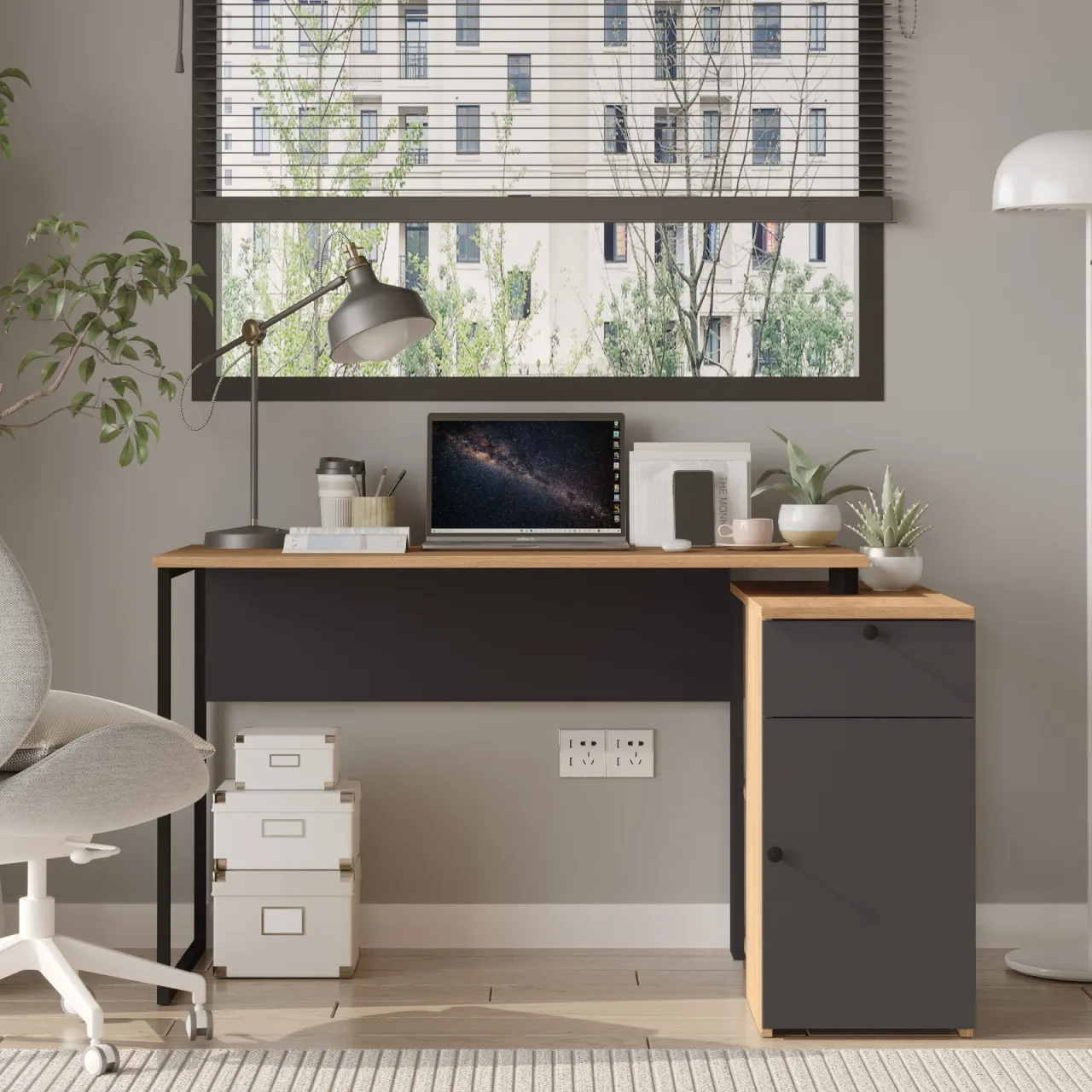 Yurupa Nora L Bureau d'angle pour ordinateur avec tiroirs, armoire et bibliothèque Sepet-Anthracite NOR1-SA