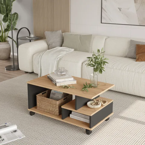 Mina Table basse roulante avec compartiments et étagères Table de salon fonctionnelle Sepet-Anthracite MIN9-SA