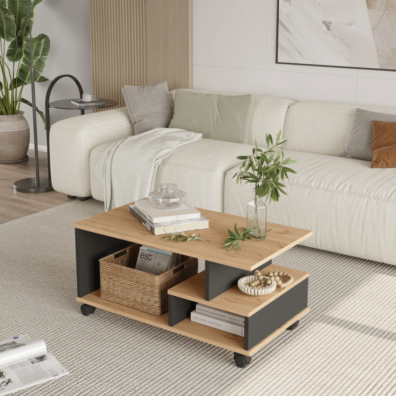 Mina Table basse roulante avec compartiments et étagères Table de salon fonctionnelle Sepet-Anthracite MIN9-SA
