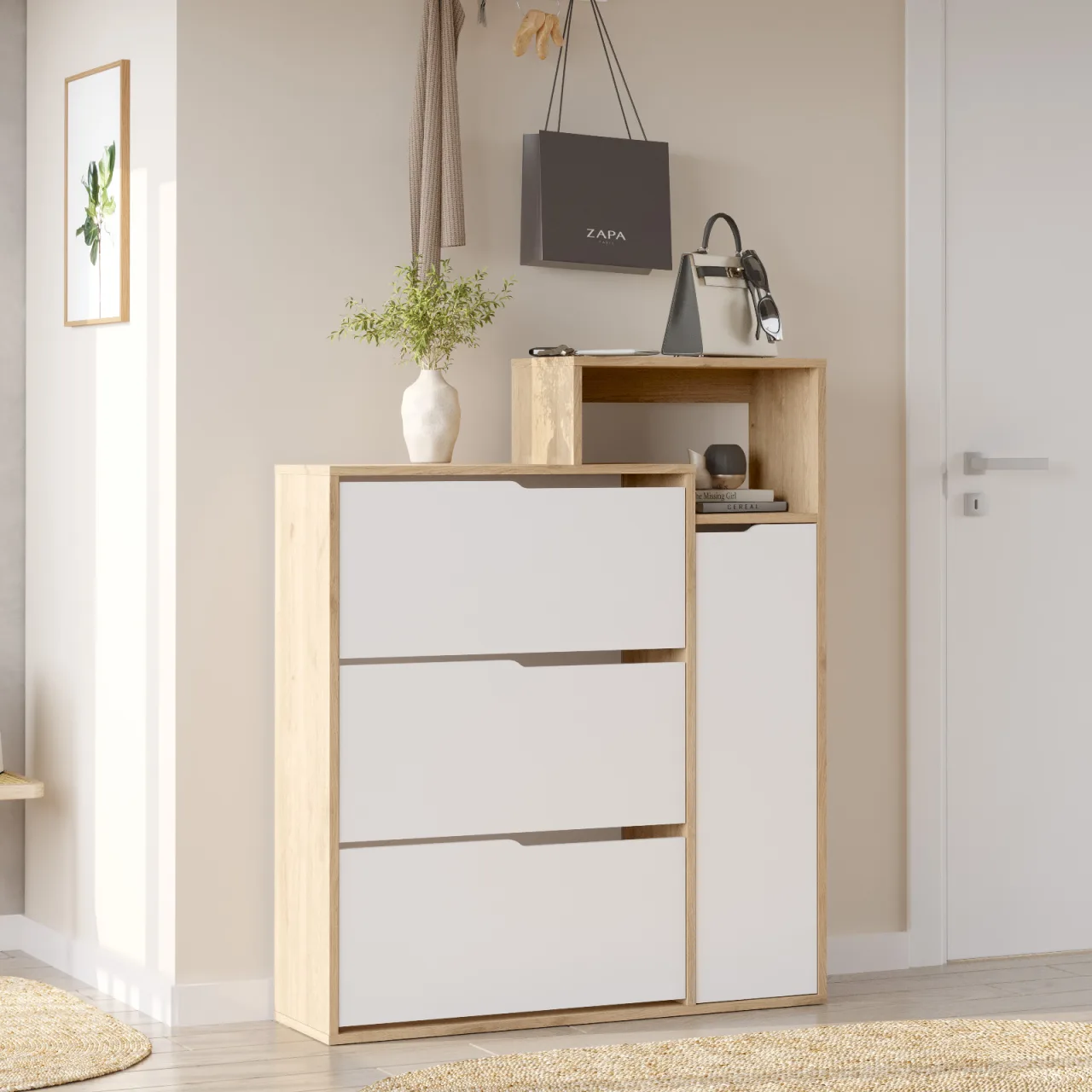 Yurupa İcon Meuble à chaussures à abattants, 4 portes, 7 compartiments, avec étagères coulissantes Sepet-Blanc ICO3-SW