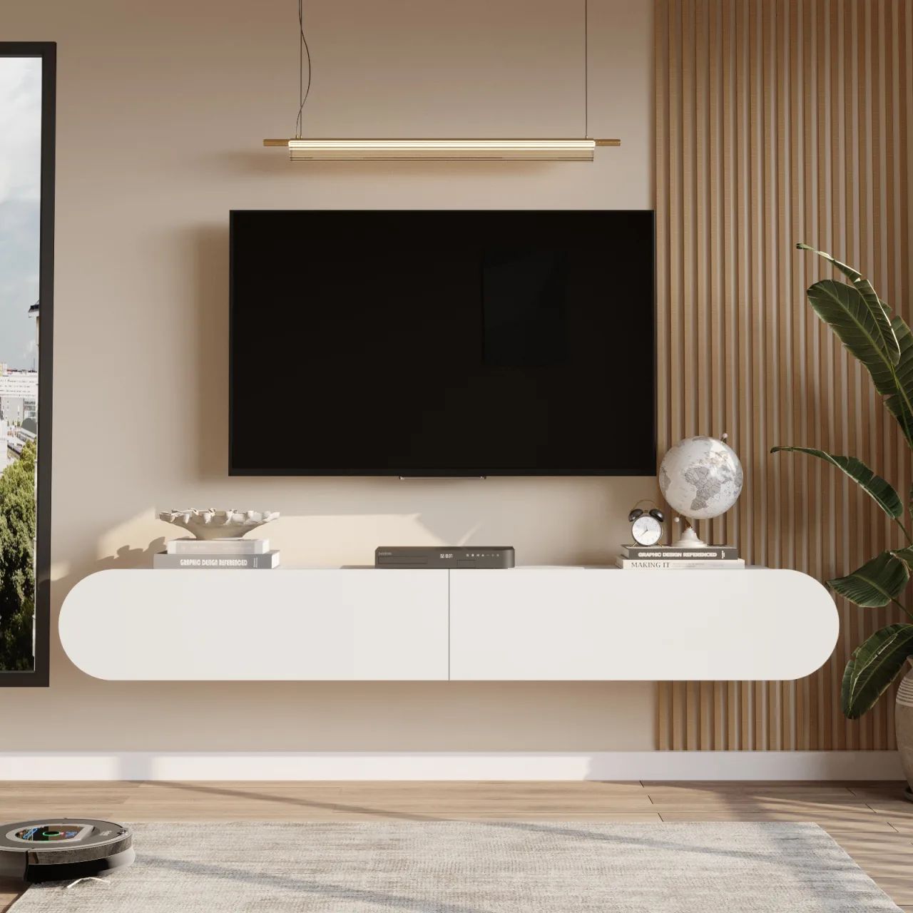 Yurupa Lumos Meuble TV moderne mural 180 cm avec portes ovales Blanc LUM1-W