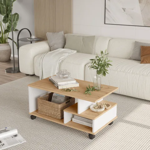 Mina Table basse roulante fonctionnelle avec compartiments et étagères Sepet-Blanc MIN9-SW