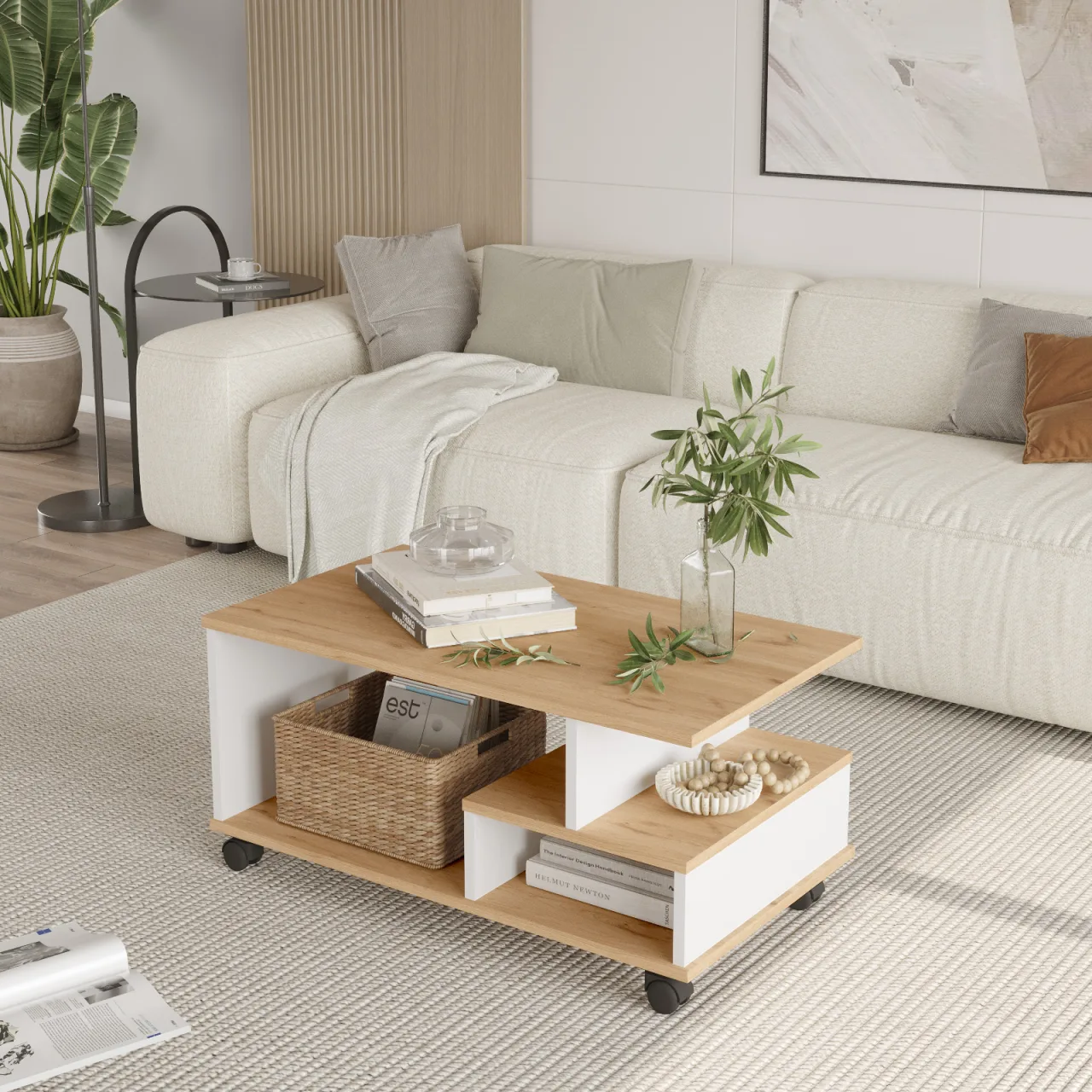 Mina Table basse roulante fonctionnelle avec compartiments et étagères Sepet-Blanc MIN9-SW