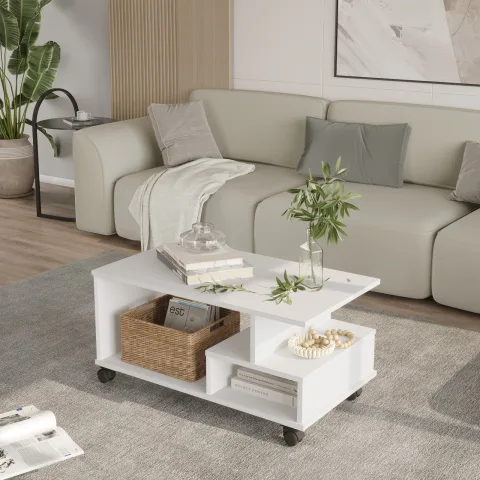 Mina Table basse roulante fonctionnelle avec compartiments et étagères Blanc MIN9-W