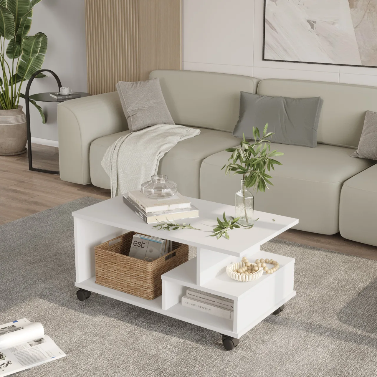 Mina Table basse roulante fonctionnelle avec compartiments et étagères Blanc MIN9-W
