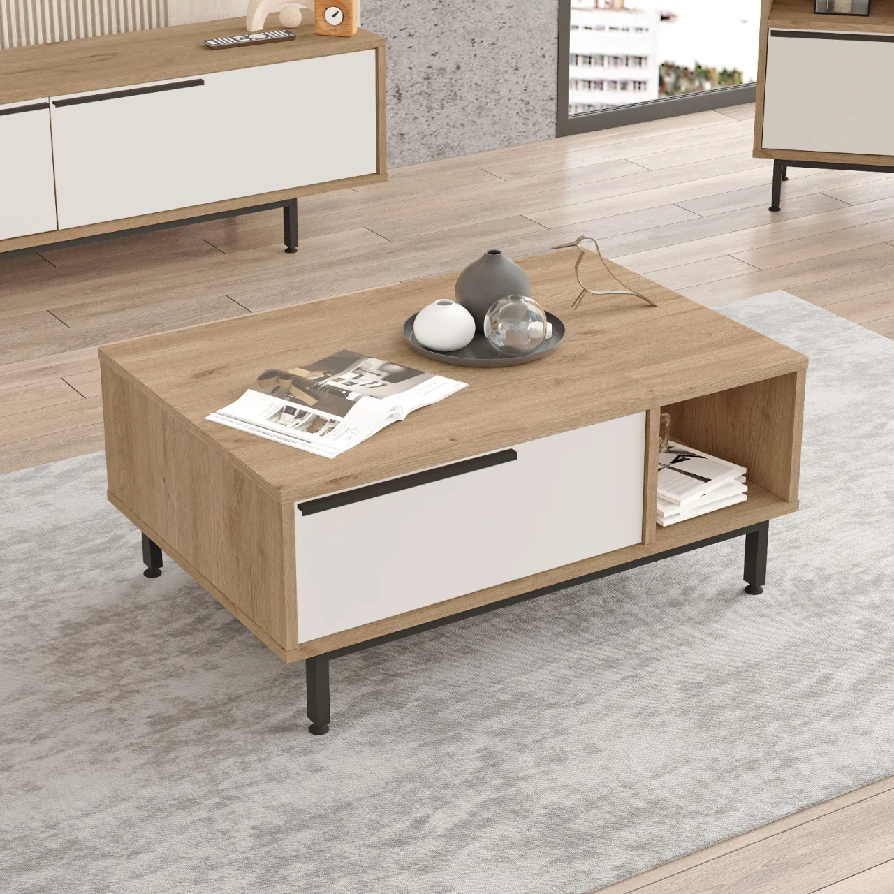 Yurupa Bohem Table basse avec pieds en métal et portes Sepet-Blanc BOH2-SW