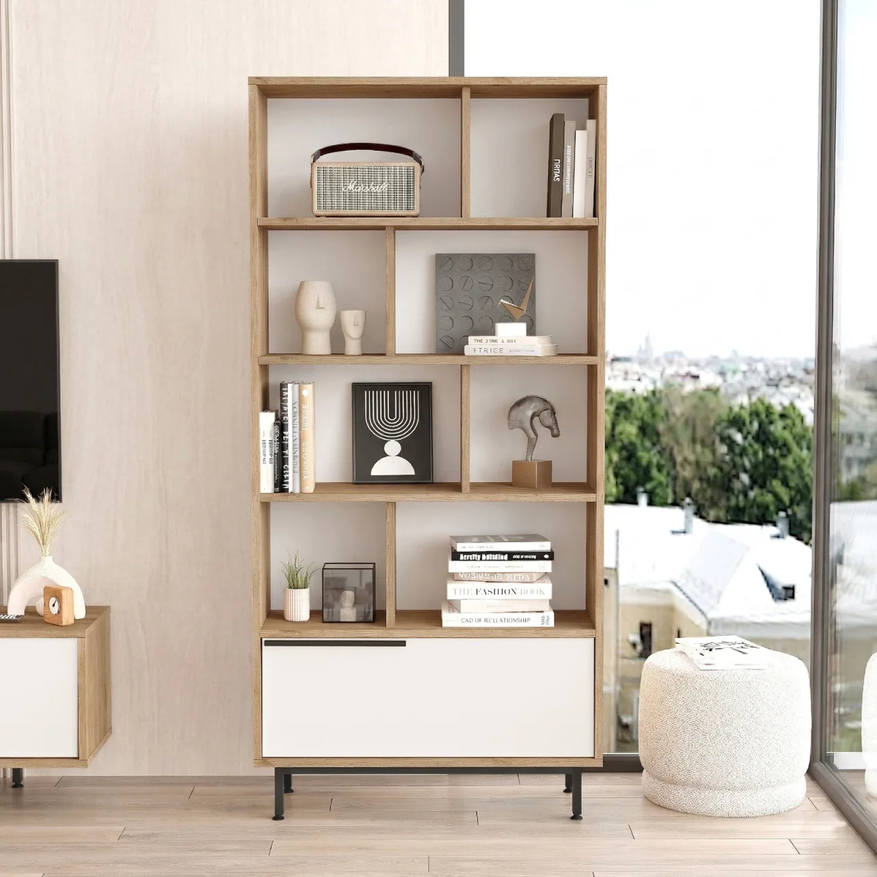 Yurupa Bohem Bibliothèque avec étagères 176cm avec pieds en métal et portes Sepet-Blanc BOH4-SW
