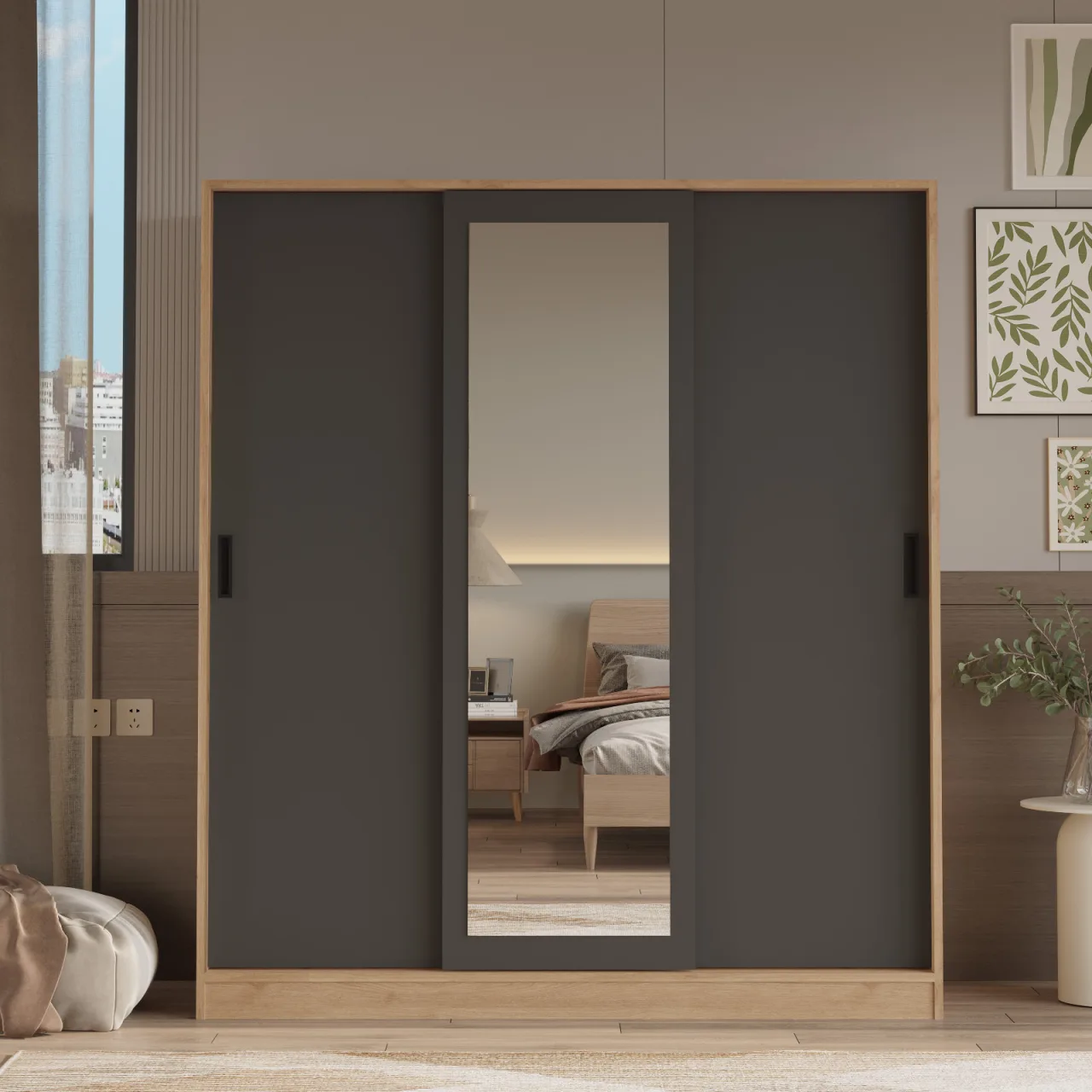 Victor Armoire 3 portes coulissantes avec miroir Sepet-Anthracite VIC1-SA