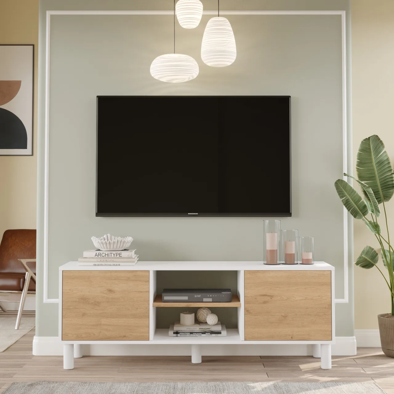 Alessa – Meuble TV Bohème 160 cm avec étagères et rangements fermés – Blanc & Rotin (ALS1-WS)
