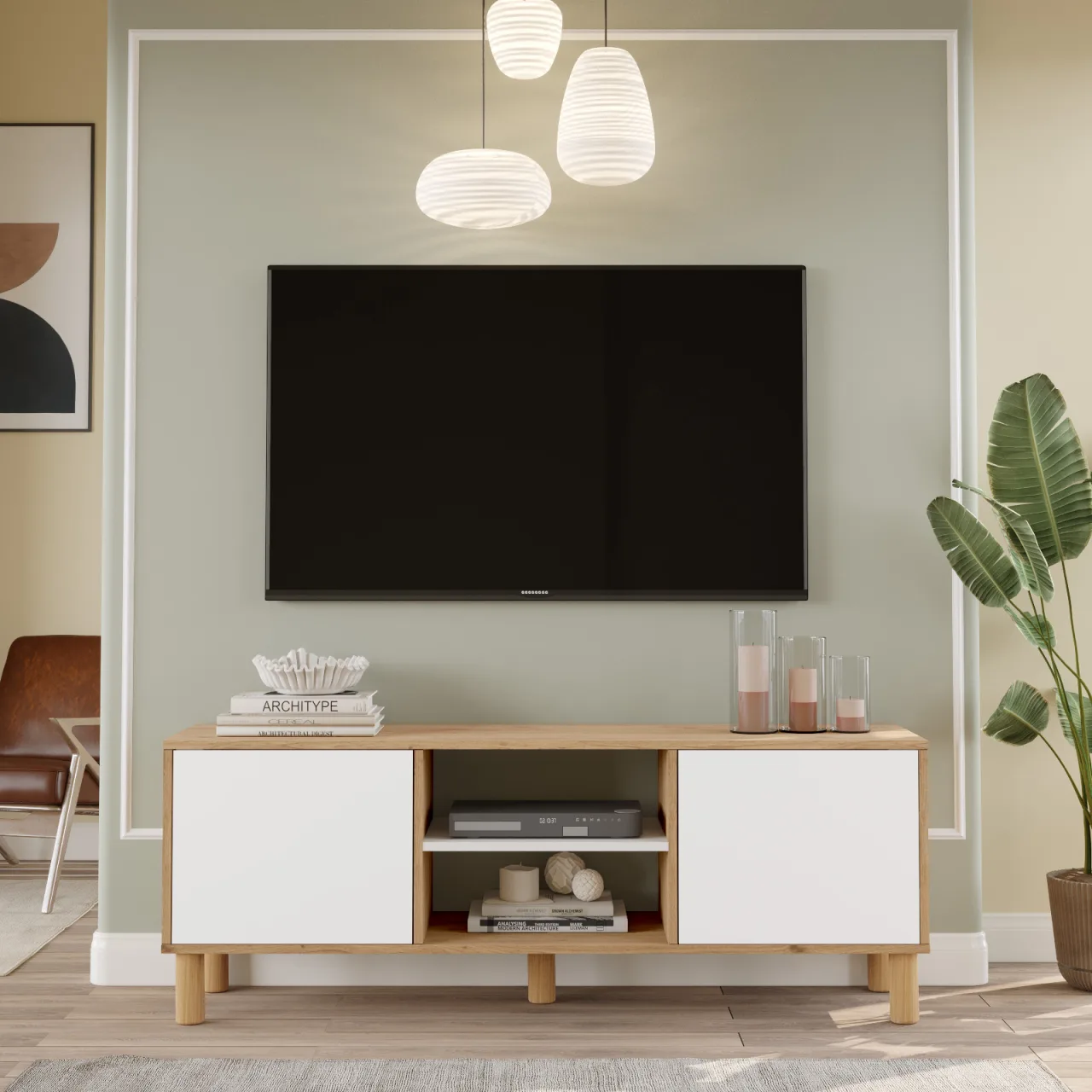 Yurupa Alessa Meuble TV 160cm Bohème avec étagères et portes Sepet-Blanc ALS1-SW