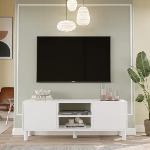 Yurupa Alessa Meuble TV 160cm Bohème avec étagères et portes Blanc ALS1-W
