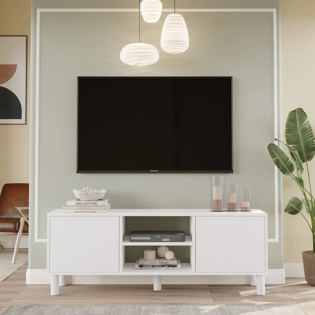Yurupa Alessa Meuble TV 160cm Bohème avec étagères et portes Blanc ALS1-W