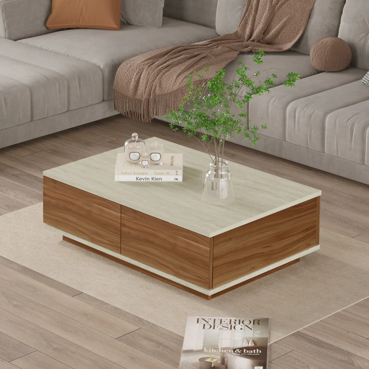 Yurupa Aven Table basse 2 portes Traverten-Noyer AVE14-TCE