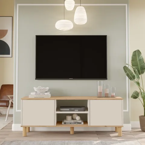 Yurupa Alessa Meuble TV 160cm Bohème avec étagères et portes Sepet-Cachemire ALS1-SKA