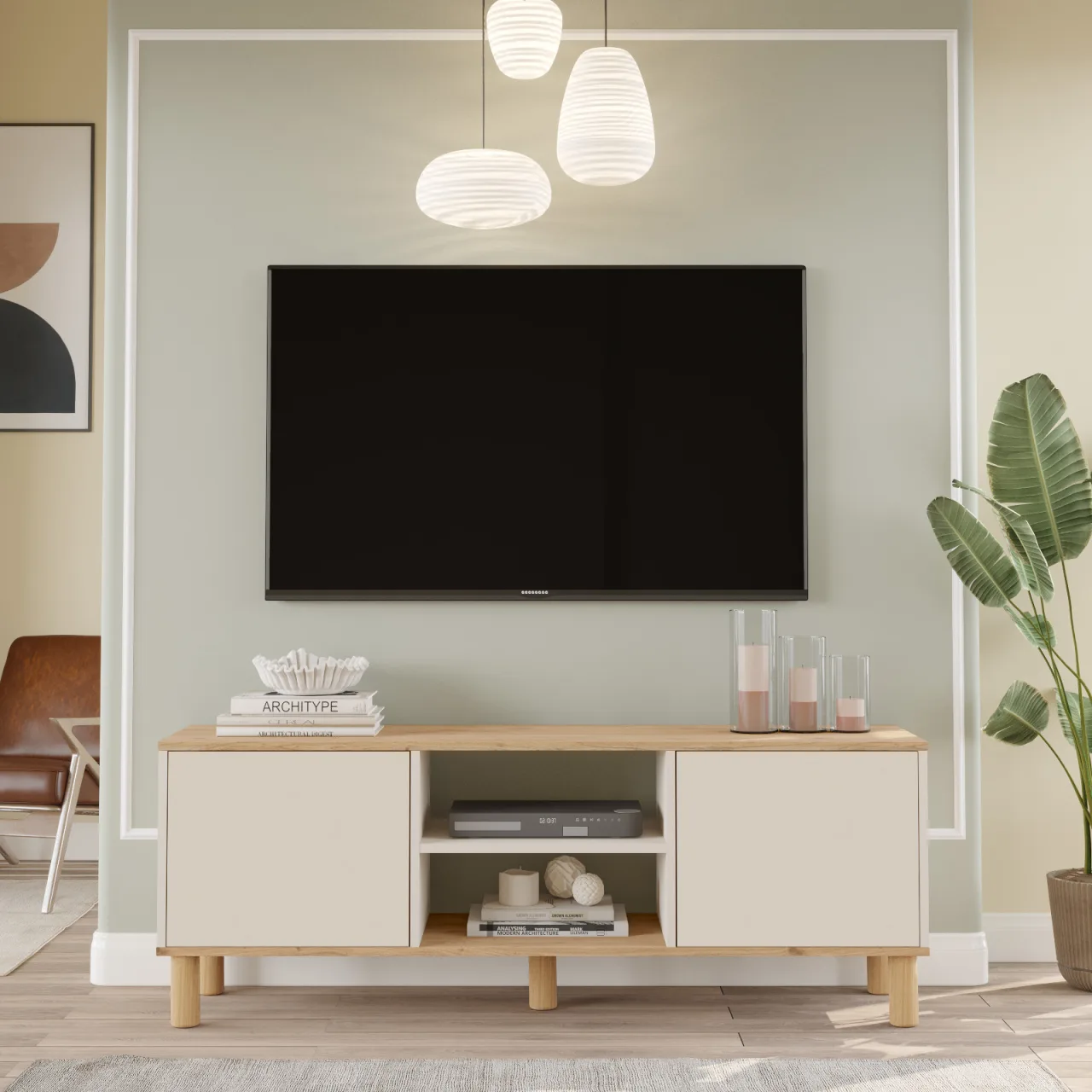 Yurupa Alessa Meuble TV 160cm Bohème avec étagères et portes Sepet-Cachemire ALS1-SKA
