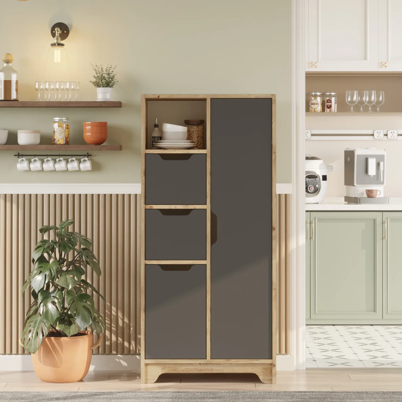 Yurupa Libra Armoire polyvalente 8 étagères 2 portes 2 tiroirs, Meuble de cuisine Çam-Anthracite LIB1-AA